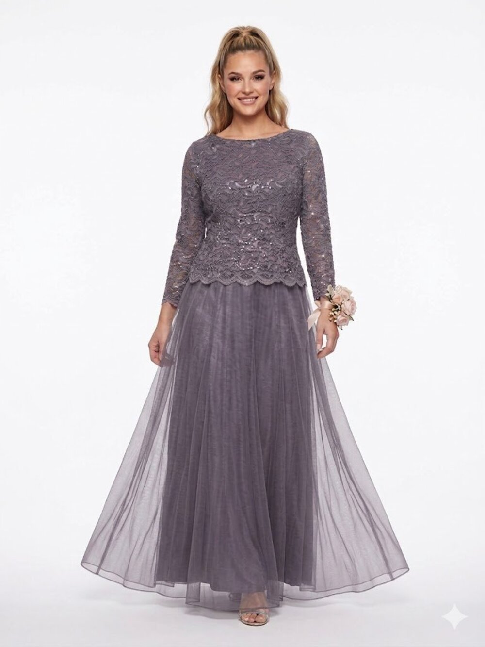 ALEX EVENINGS Elegant Lace & Chiffon Long Dress in Dusty Lavender Size 6
